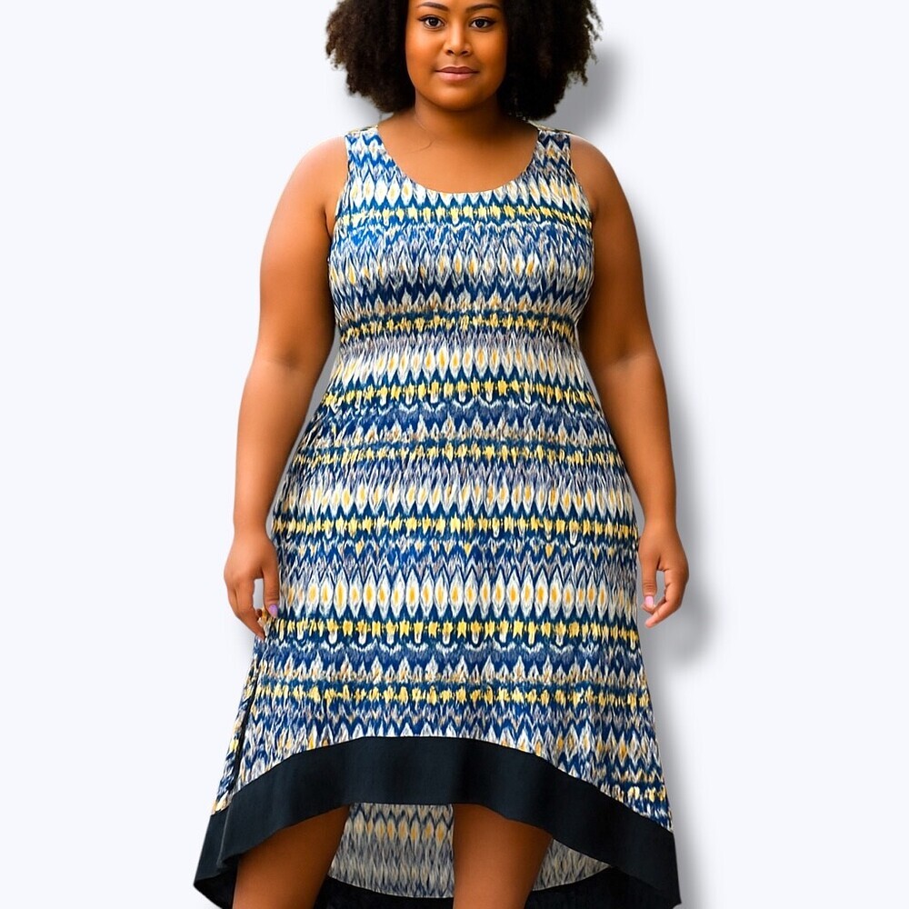Boho High-Low Blue Yellow Geometric Print Sleeveless Casual Dress 2X Plus Size‎ - Picture 2 of 10